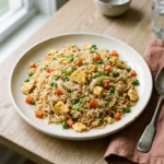 Fried rice with separate grains, golden egg, carrots, peas, and scallions