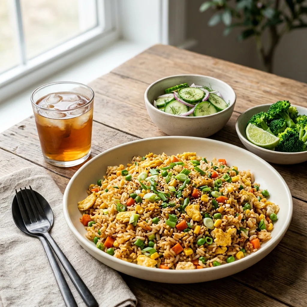 Vegetable and egg rice served with cucumber salad, broccoli, lime, and tea