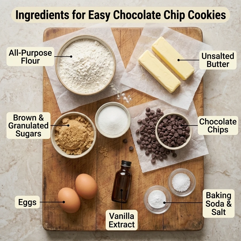  Flat lay of chocolate chip cookie ingredients: flour, butter, brown sugar, eggs, and semisweet chocolate chips 