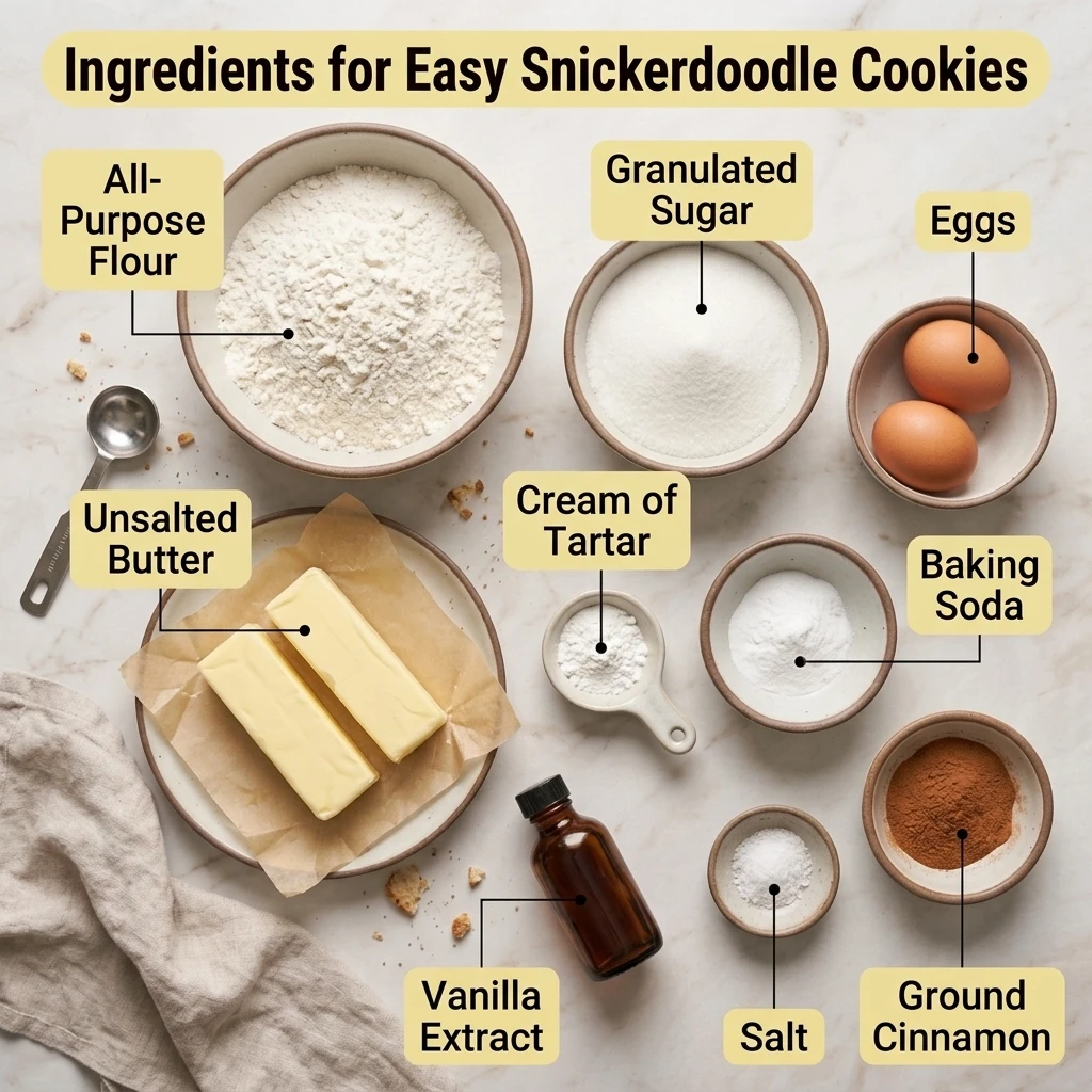 Flat lay of ingredients for easy snickerdoodle cookies including flour, butter, cream of tartar, and cinnamon