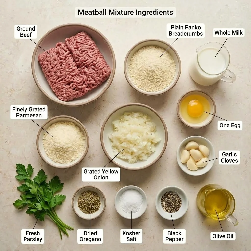 Ground beef, panko, milk, egg, Parmesan, onion, garlic, parsley, oregano, salt, pepper, and olive oil for homemade meatballs.