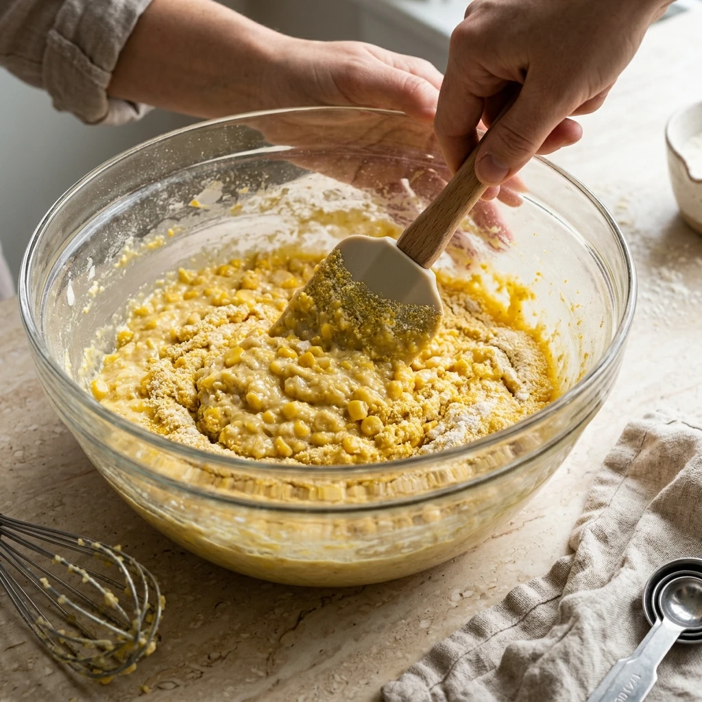 Folding cornmeal into chunky batter with a spatula to make creamed corn casserole from scratch in one bowl