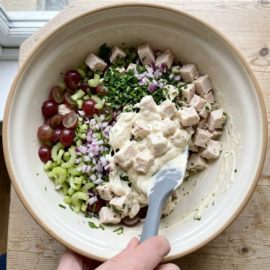 Thick yogurt-mayo dressing being folded into chunky chicken, grapes, celery, onion, and herbs.