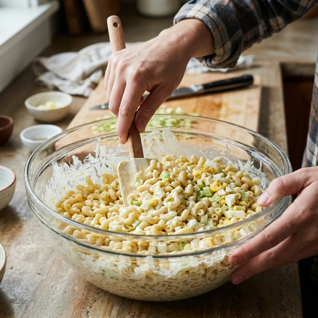  Folding cold macaroni into the dressing for an easy macaroni salad recipe in a mixing bowl
