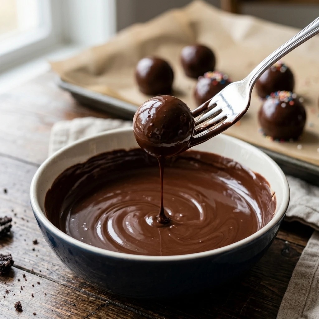  Fork lifting a dipped oreo ball from melted chocolate, showing the thin even coating on homemade oreo truffles
