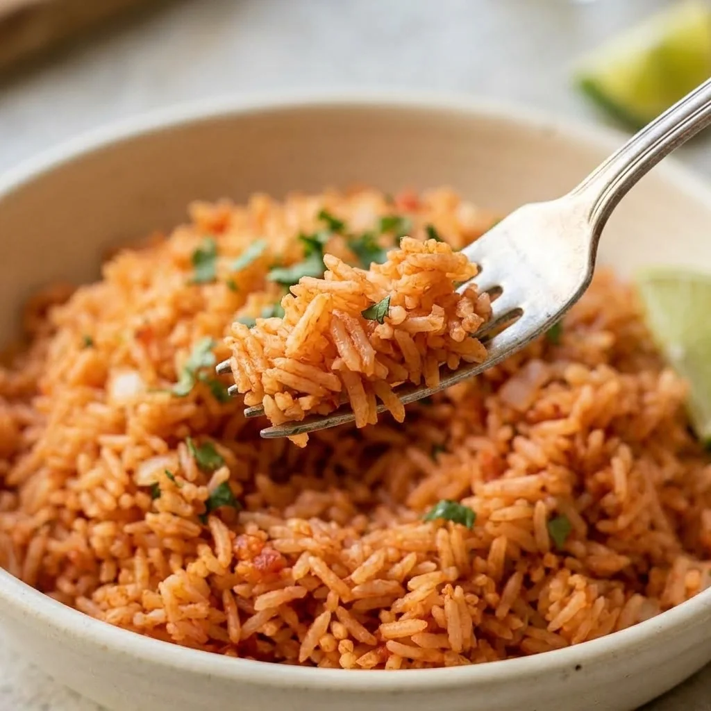 Close-up of separate tender grains in finished Mexican-style tomato rice.