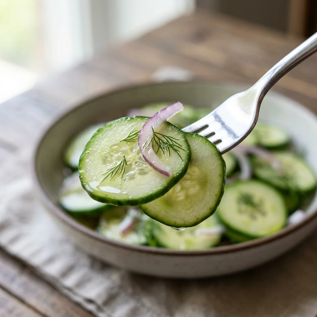 Intact thin cucumber slices lifted with dill and a red onion sliver