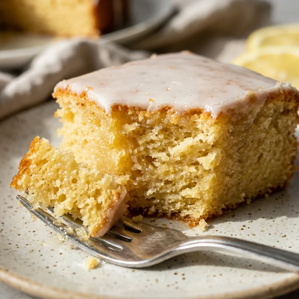  Close-up of golden lemon cake crumb under a thin white glaze, showing the soft texture of a syrup soaked cake
