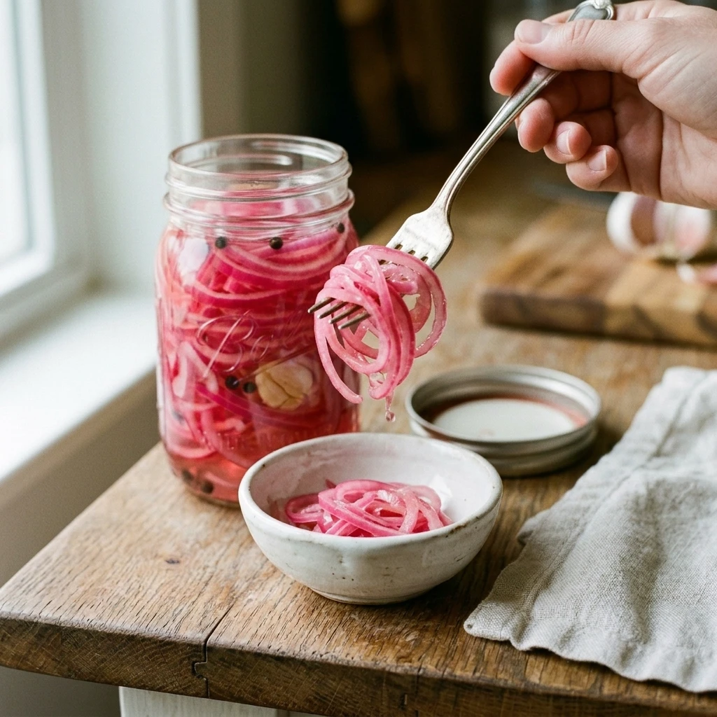 Fork lifting pickled red onions from a jar into a small bowl for serving at dinner