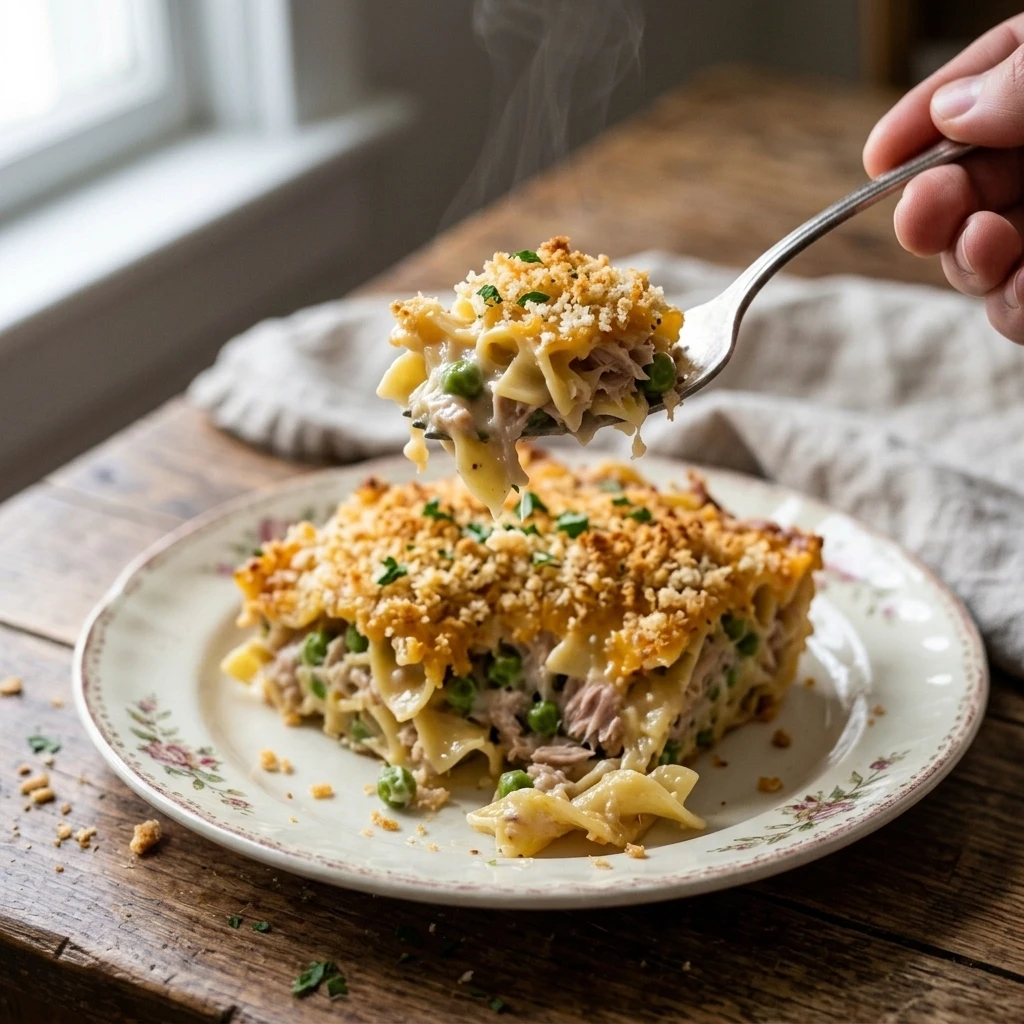  Close up of a fork lifting creamy tuna noodle casserole with tender noodles, peas, and flaked tuna from a baked square
