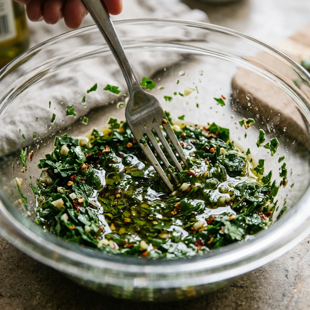 Fork stirring olive oil into chopped herbs for a fresh chimichurri sauce recipe in a glass bowl