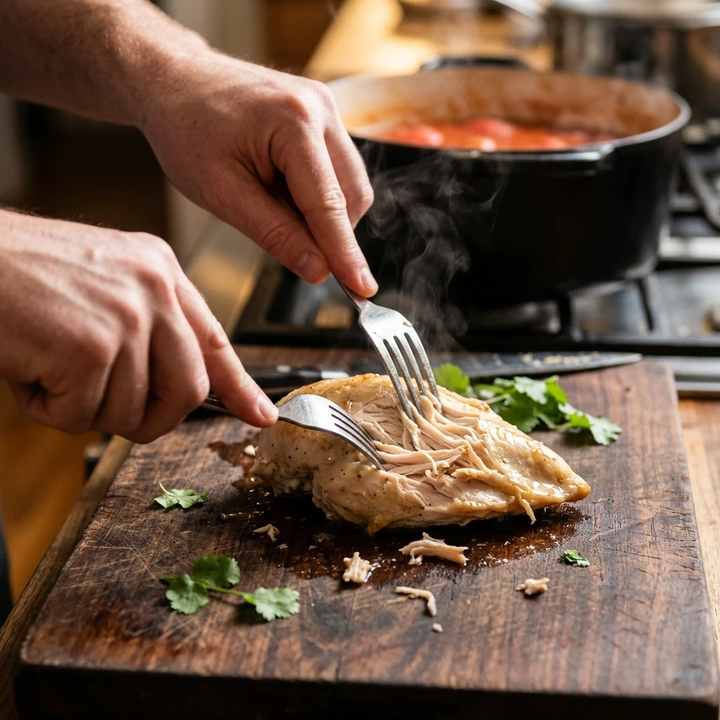 Shredding poached chicken with two forks for homemade chicken tortilla soup on a wooden cutting board
