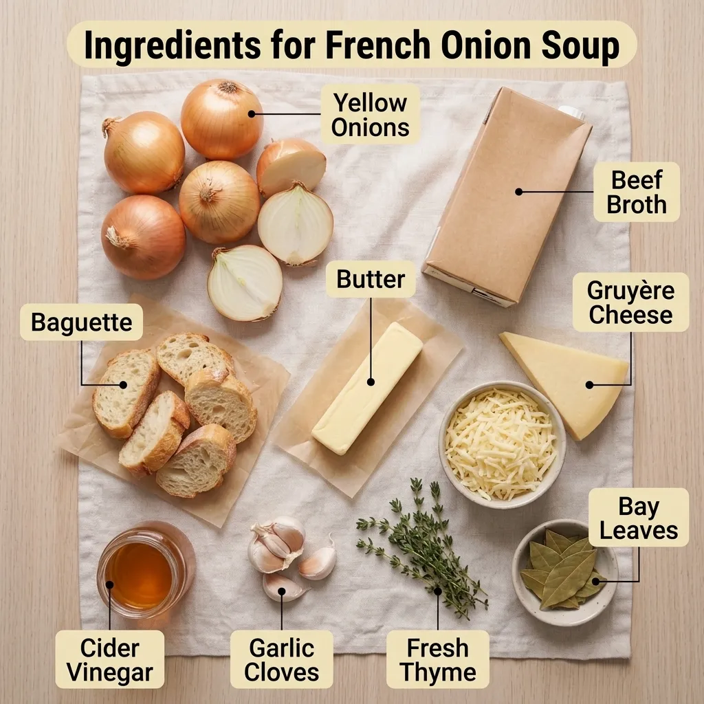 Ingredients for homemade French onion soup: yellow onions, Gruyère, beef broth, baguette, and thyme