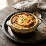 Crock of French onion soup topped with bubbly browned Gruyère and toasted baguette, served hot