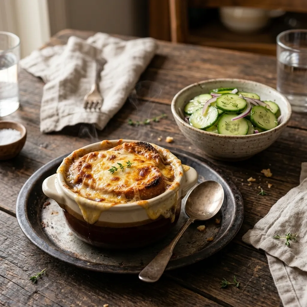 Crock of French onion soup served with cucumber salad on a dinner table for a cozy weeknight meal
