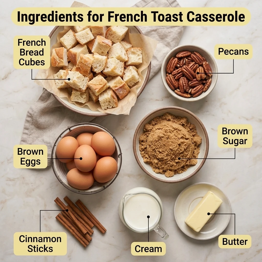Flat lay of french toast casserole ingredients including French bread cubes, eggs, brown sugar, and pecans