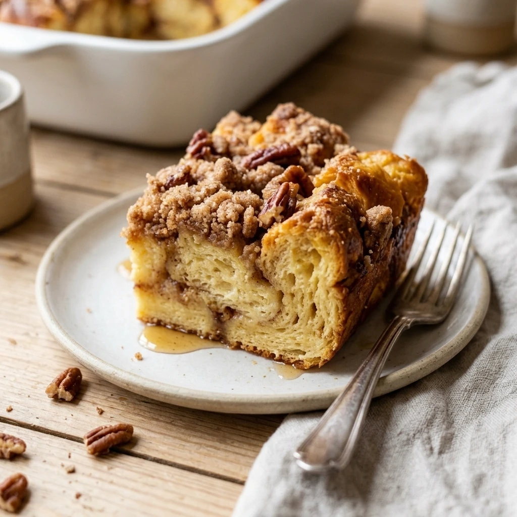 Close-up of crunchy streusel on a french toast casserole square showing custardy center and golden edges 