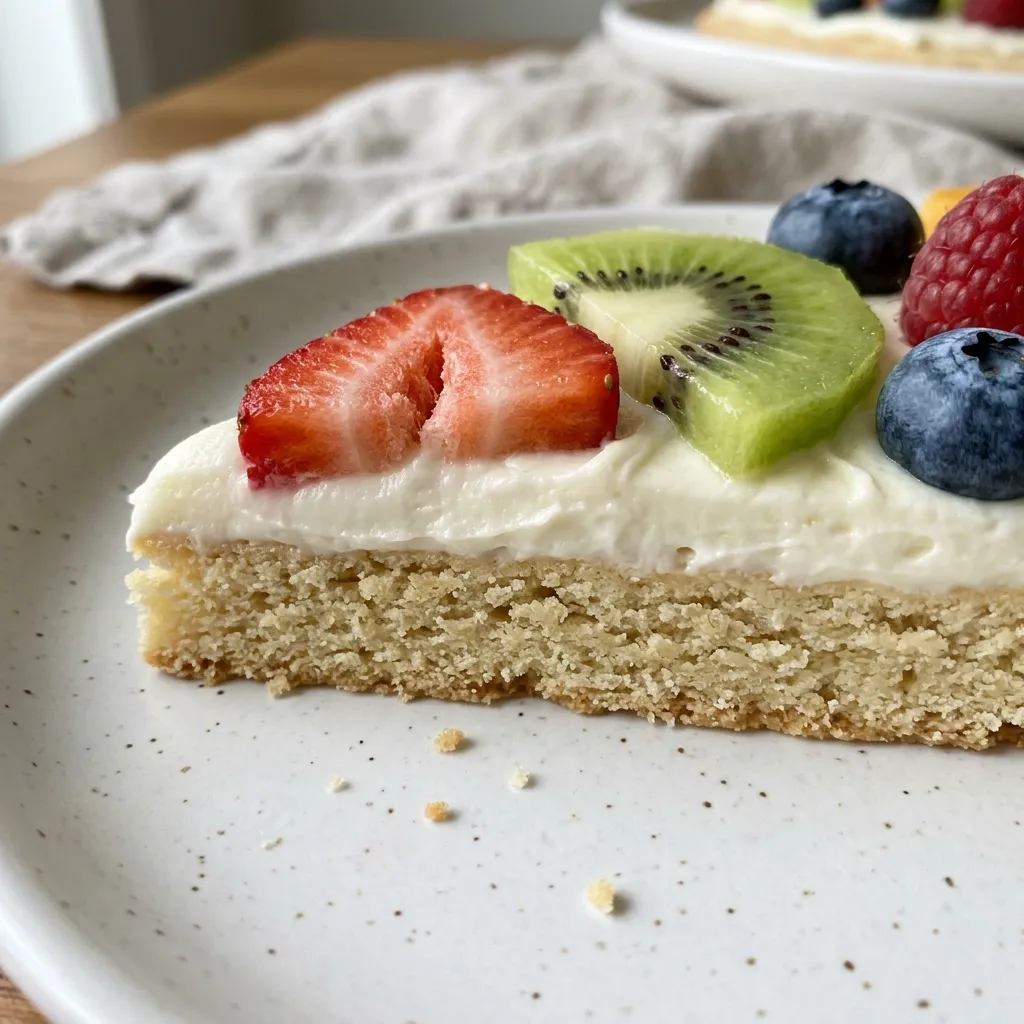  Close-up of dry strawberry and kiwi slices sitting neatly over cream cheese frosting and cookie crust
