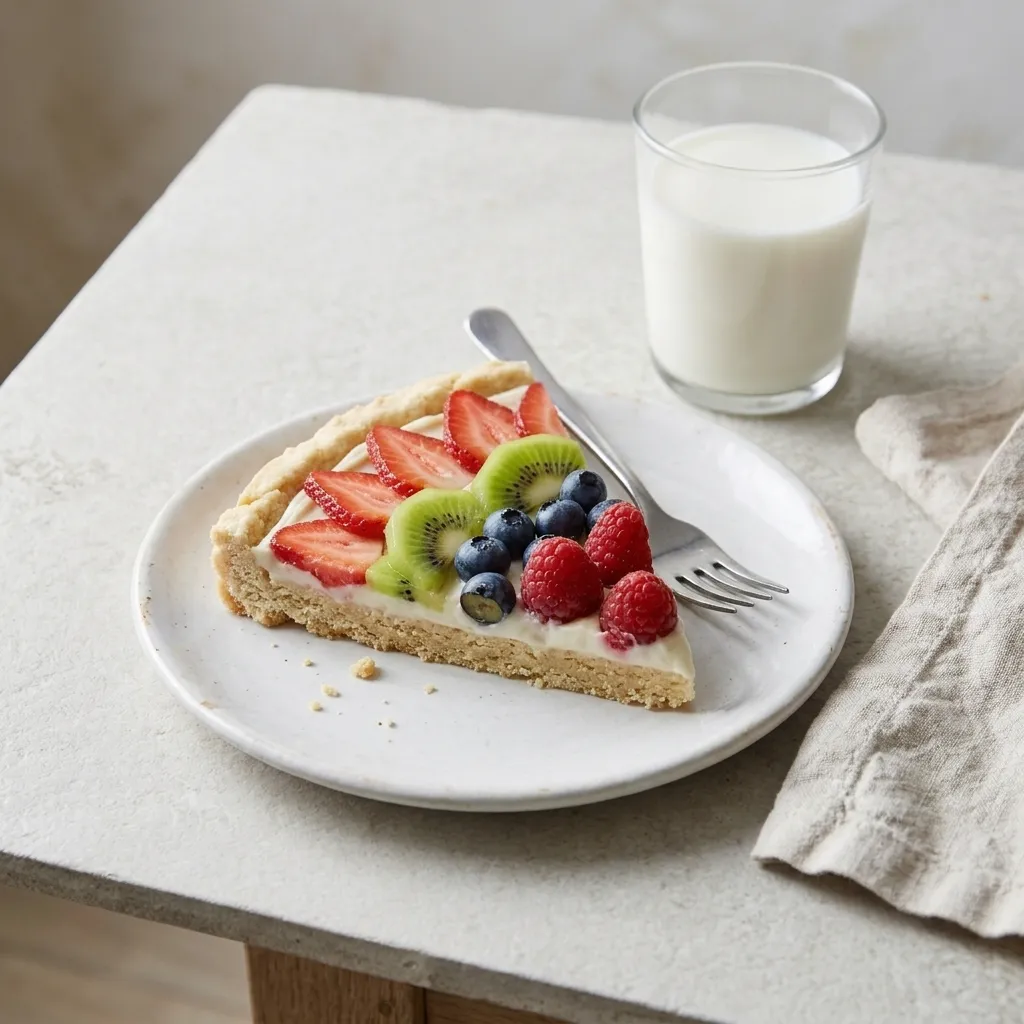  One wedge of fresh berry fruit pizza on a plate with a glass of cold milk at a casual table
