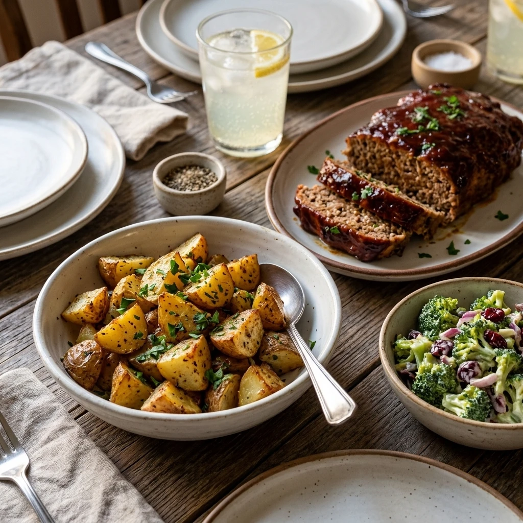  Garlic roasted potatoes served in a bowl beside sliced meatloaf and broccoli salad for a family dinner