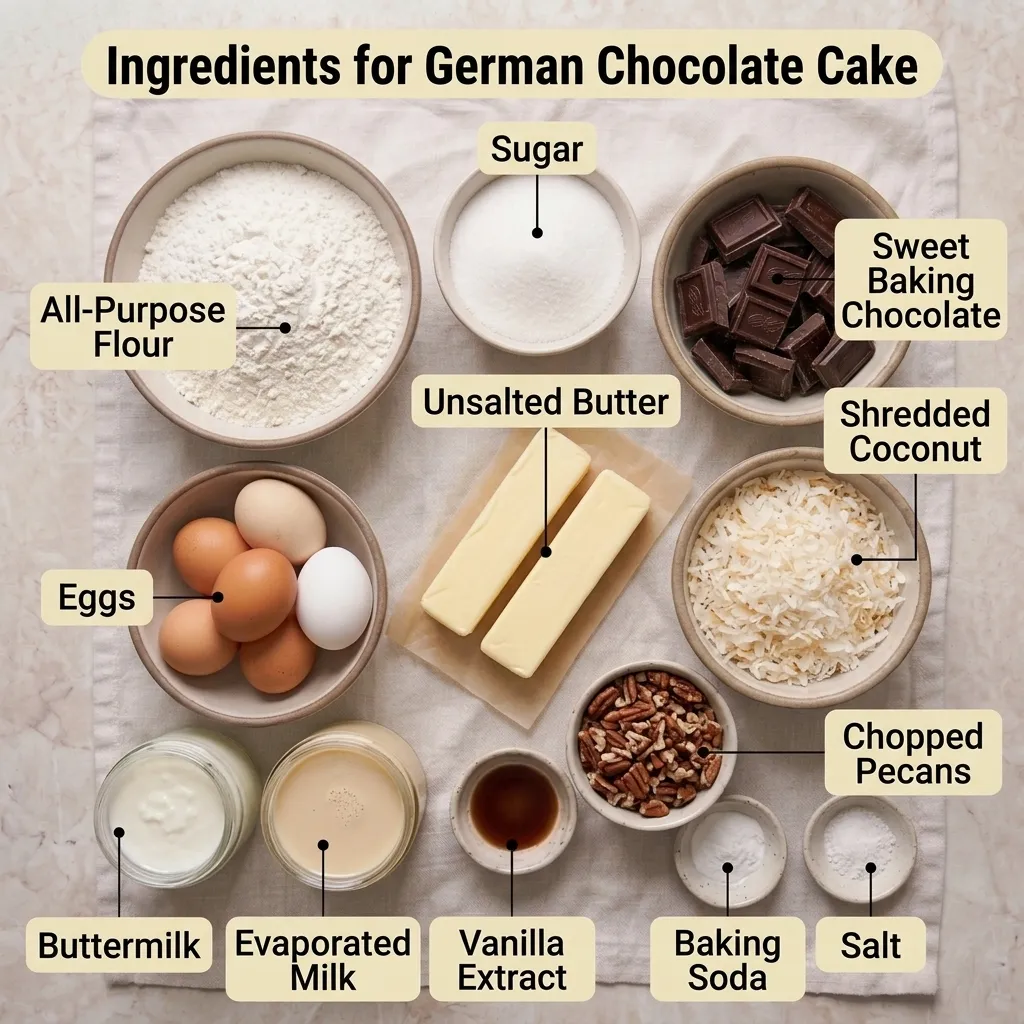 German chocolate cake ingredients arranged with sweet baking chocolate, pecans, coconut, and eggs