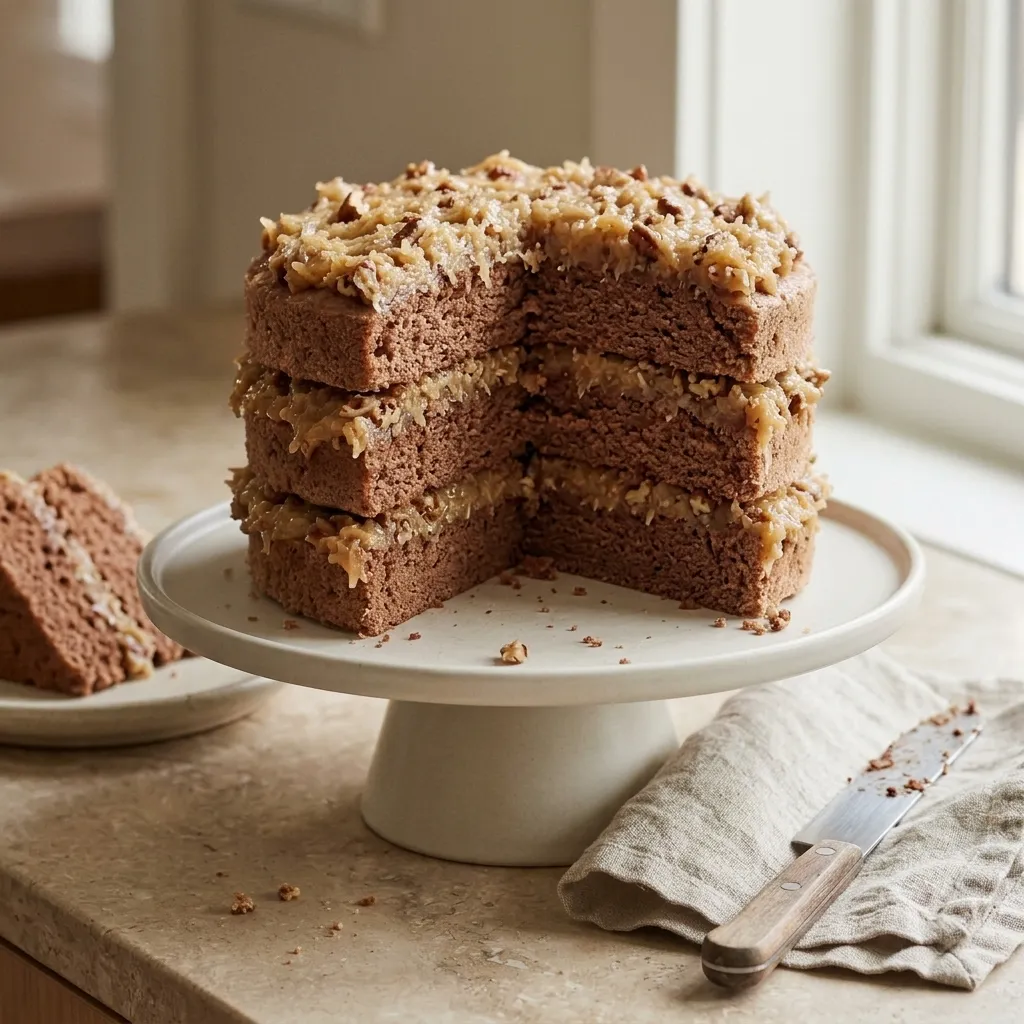 Slice of classic coconut pecan chocolate cake served on a white dessert plate with a fork