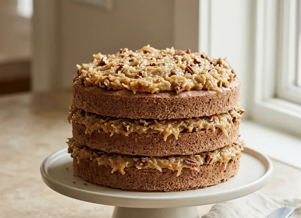 Three-layer German chocolate cake with coconut pecan topping on a simple birthday cake stand