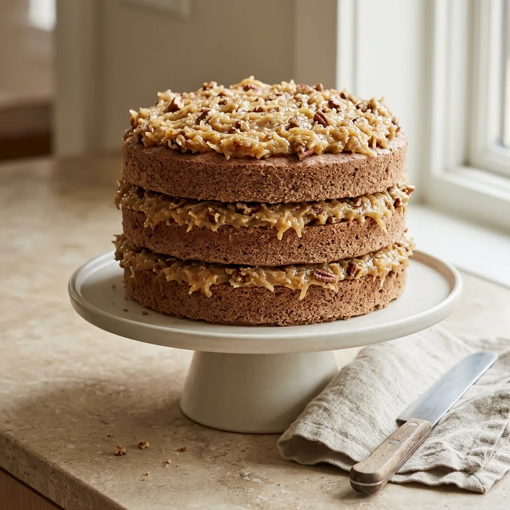 Three-layer German chocolate cake with coconut pecan topping on a simple birthday cake stand