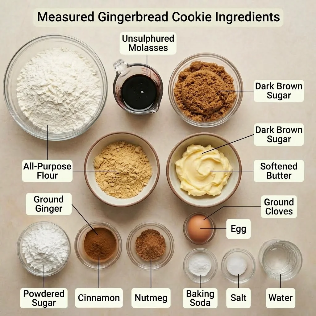 Measured flour, molasses, butter, brown sugar, egg, and spices for homemade gingerbread dough.