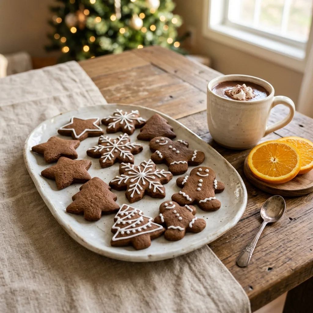 Holiday gingerbread cookie platter served with hot chocolate and fresh orange slices.