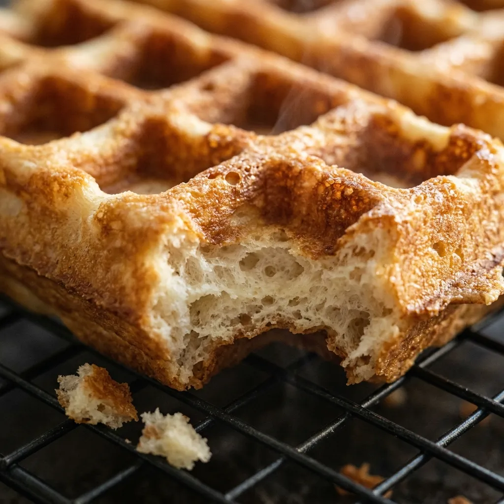 Close-up of crisp waffle squares showing a golden crust and fluffy buttermilk center
