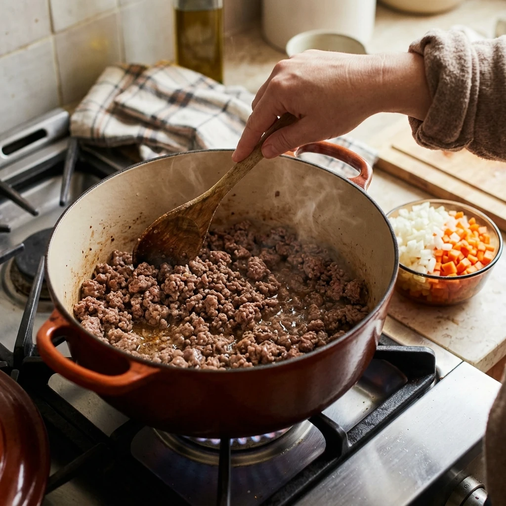 Ground beef browning in a Dutch oven, the first step of this easy cheeseburger soup recipe