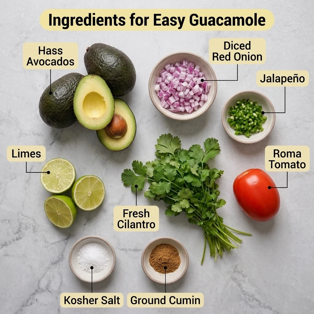  Flat lay of ripe Hass avocados, limes, red onion, jalapeño, cilantro, and tomato for easy guacamole
