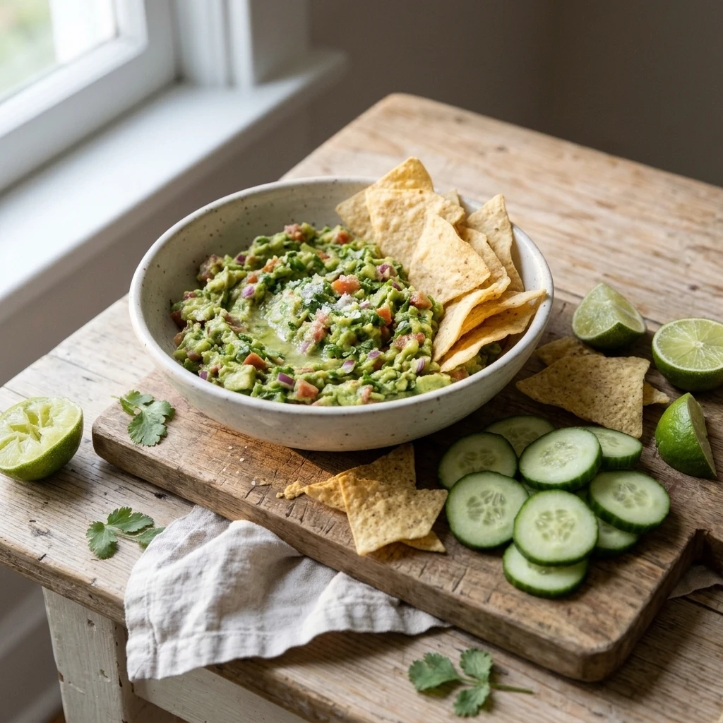 Guacamole in a serving bowl with tortilla chips, lime wedges, and cucumber rounds for game day snacking
