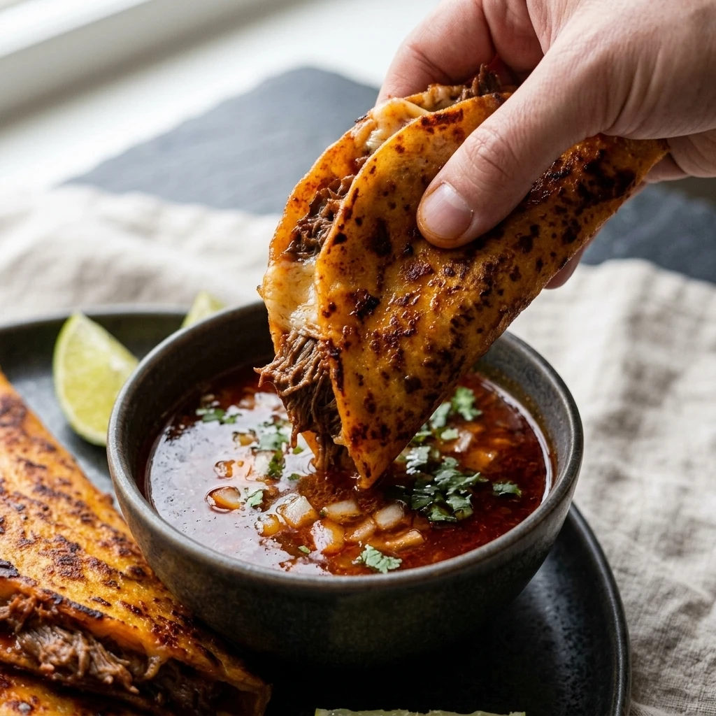 Hand dipping a cheesy beef birria taco into hot consomé with shredded meat showing
