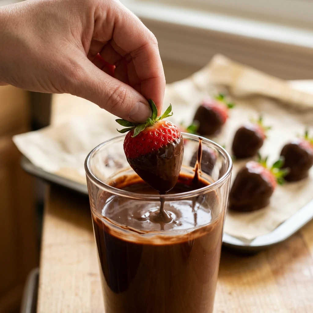 Hand dipping a fresh strawberry into melted semisweet chocolate in a tall cup for homemade chocolate strawberries
