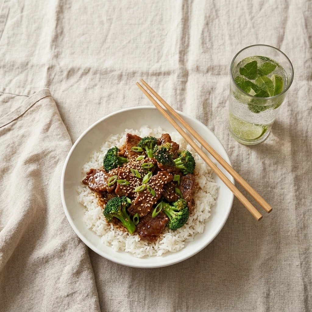 Bowl of steamed rice topped with beef and broccoli, served with a mint and lime mocktail
