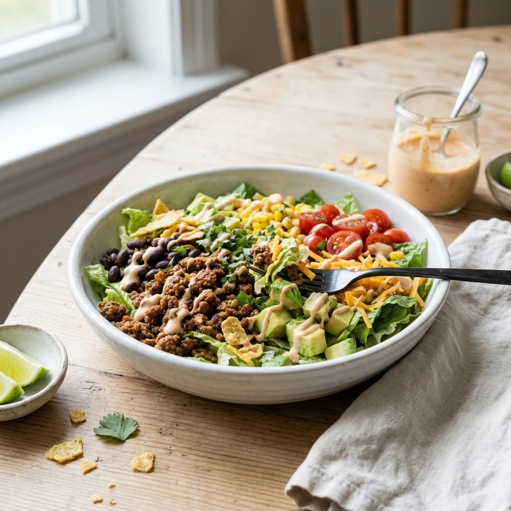 Single serving of taco salad with a lime wedge and a jar of dressing, ready for a weeknight family dinner