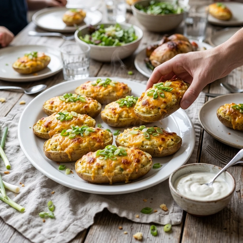  Platter of twice baked potato halves with sour cream, served as an easy family dinner side dish

