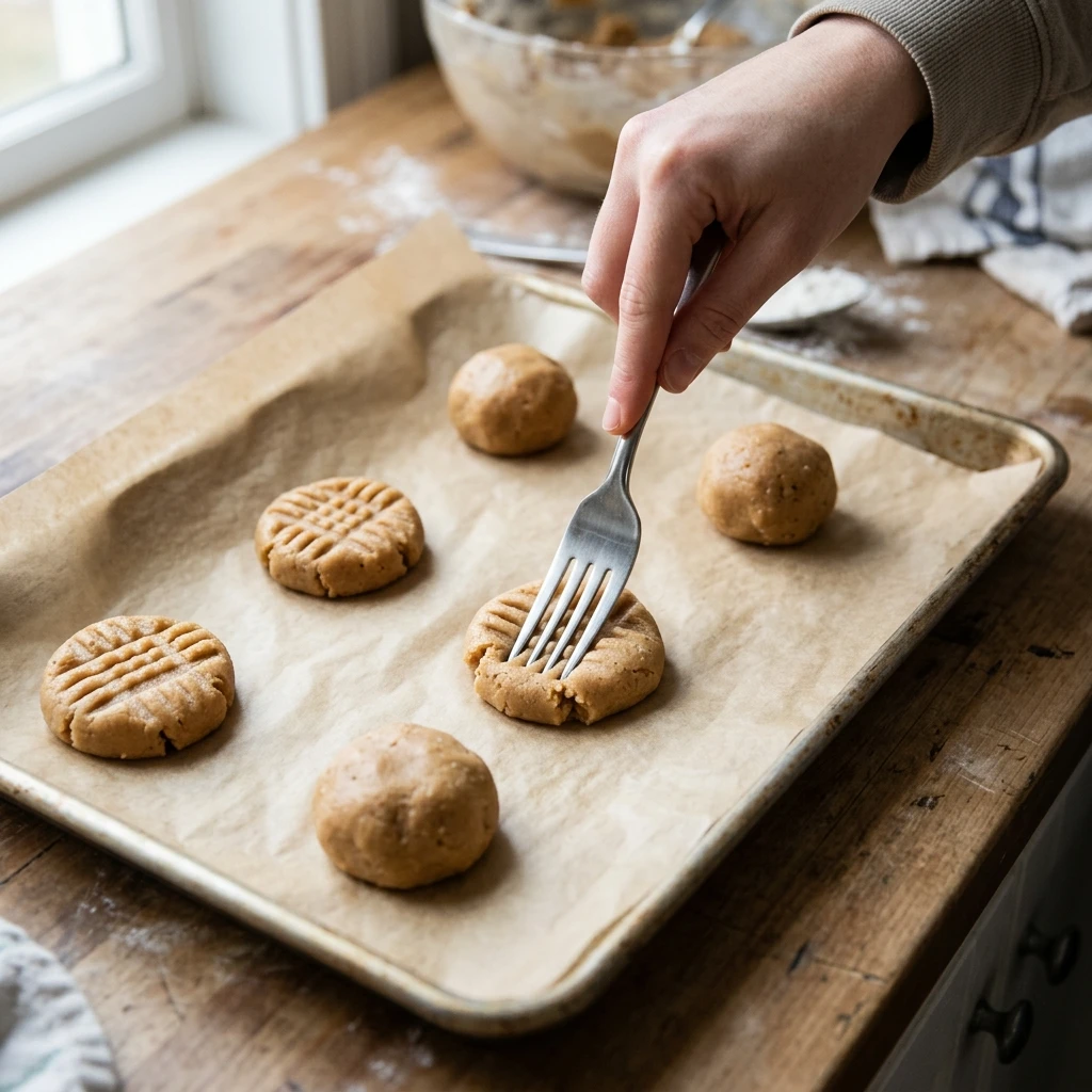 Hand pressing crosshatch marks into peanut butter cookie dough portions on a lined baking sheet