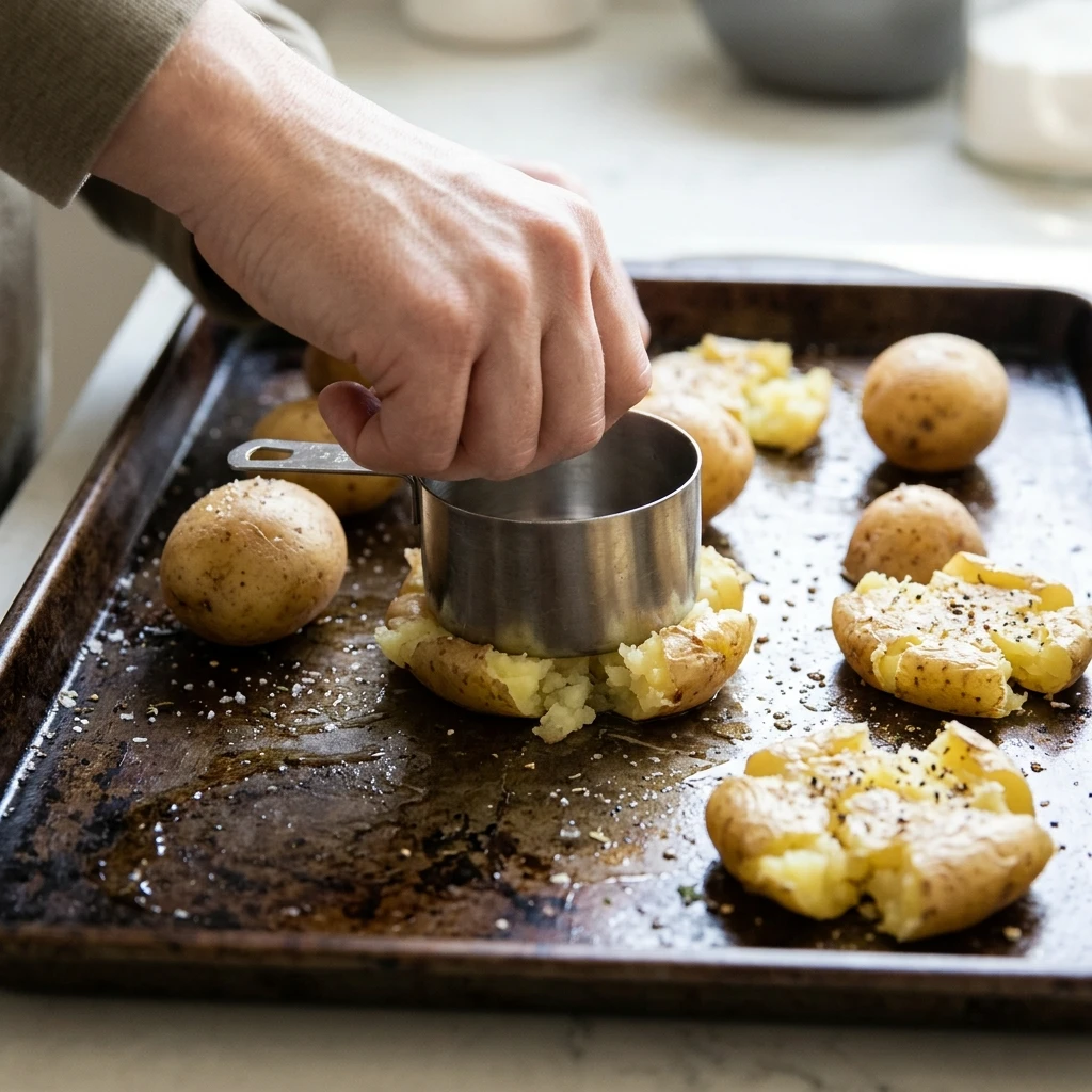 Hand pressing a boiled potato flat with a measuring cup to make a smashed potato recipe
