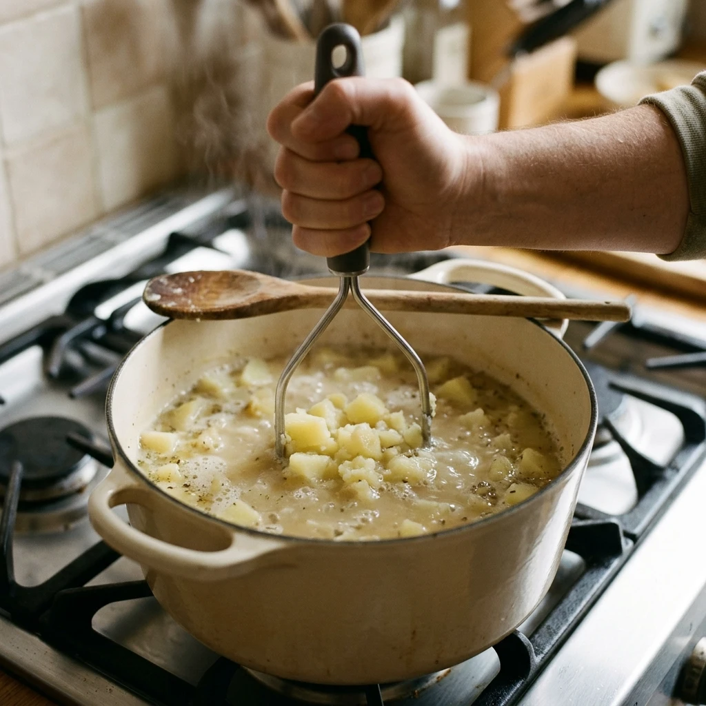 Potato masher pressing cooked cubes in a Dutch oven to thicken potato soup without flour
