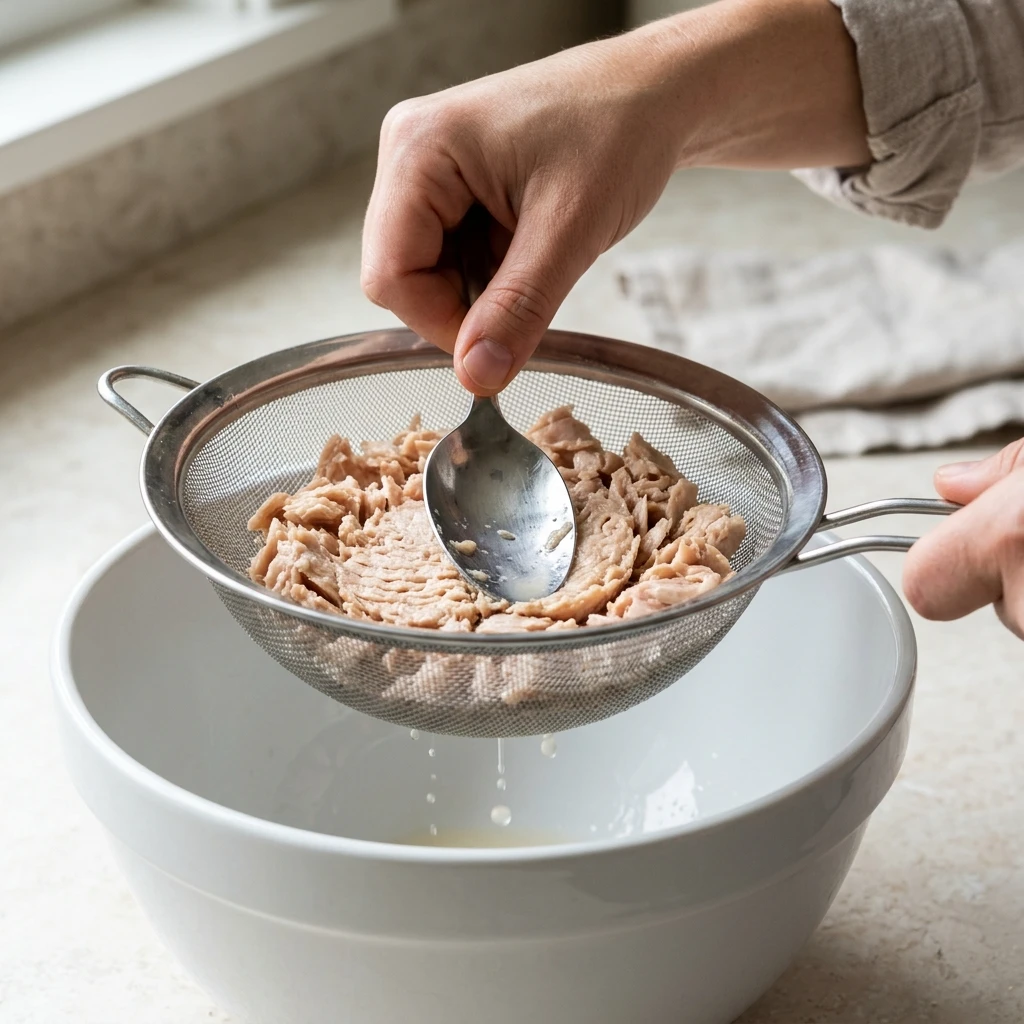 Hand pressing drained chunk light tuna in a fine mesh sieve with a spoon, the first step for a creamy tuna salad
