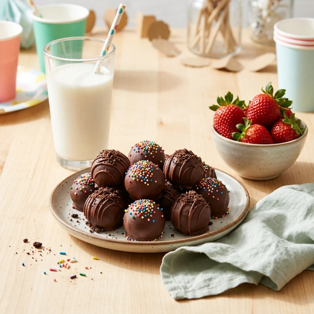 Plate of homemade oreo balls with cold milk and strawberries, set up as a party dessert