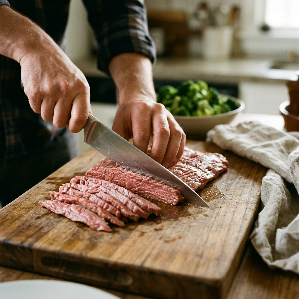  Slicing flank steak against the grain into thin strips for homemade beef and broccoli
