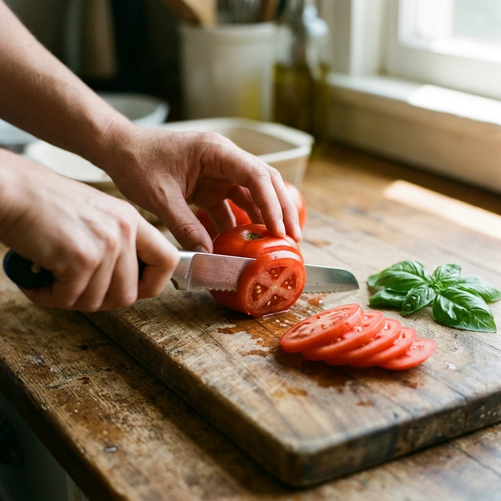 Hand slicing a ripe tomato with a serrated knife to prep tomato mozzarella salad on a wooden board

