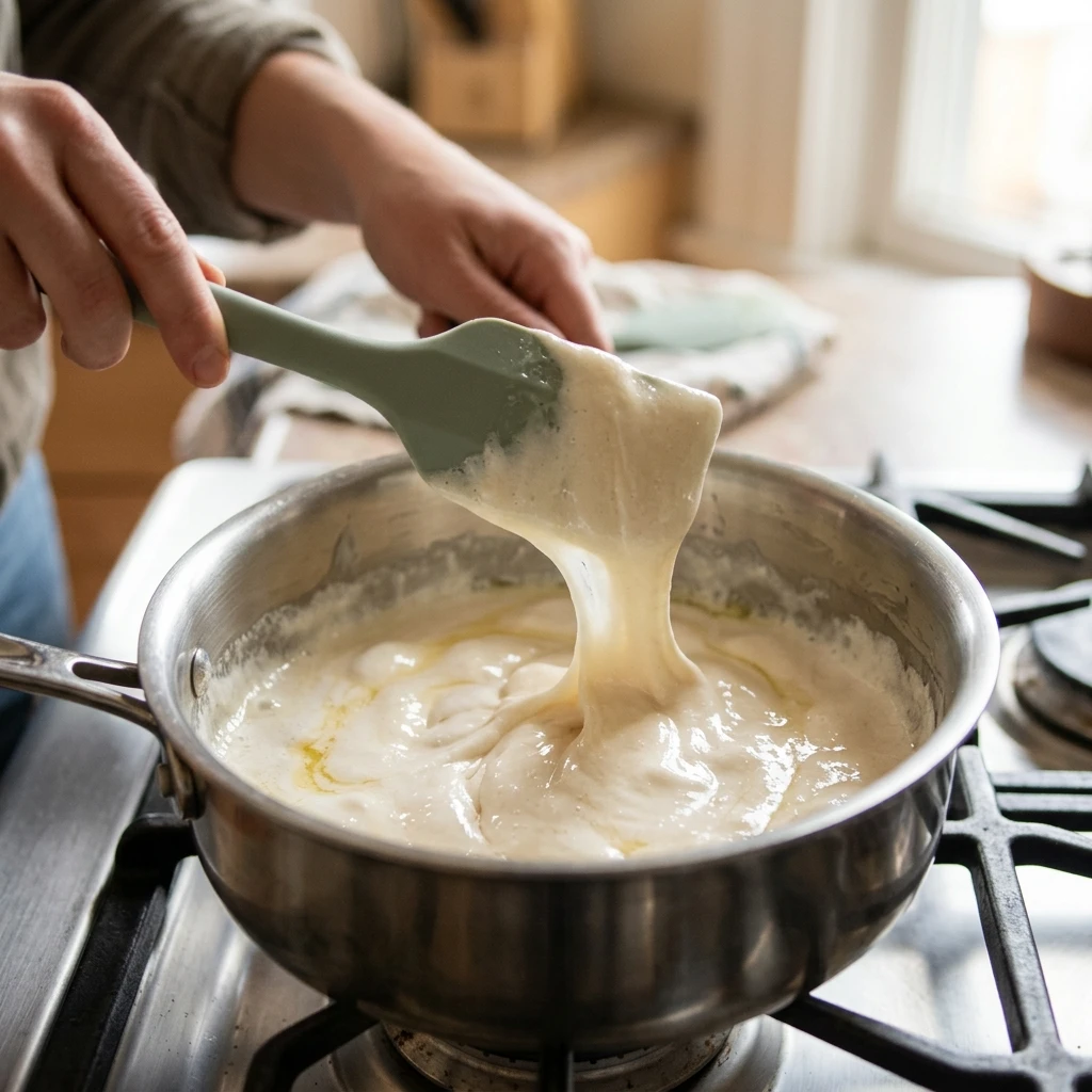 Spatula stirring glossy melted marshmallows and butter in a pot for chewy rice cereal treats