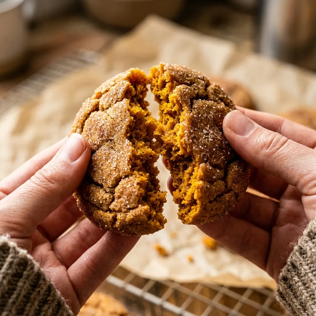  Homemade pumpkin cookie broken in half to show a soft, chewy orange center
