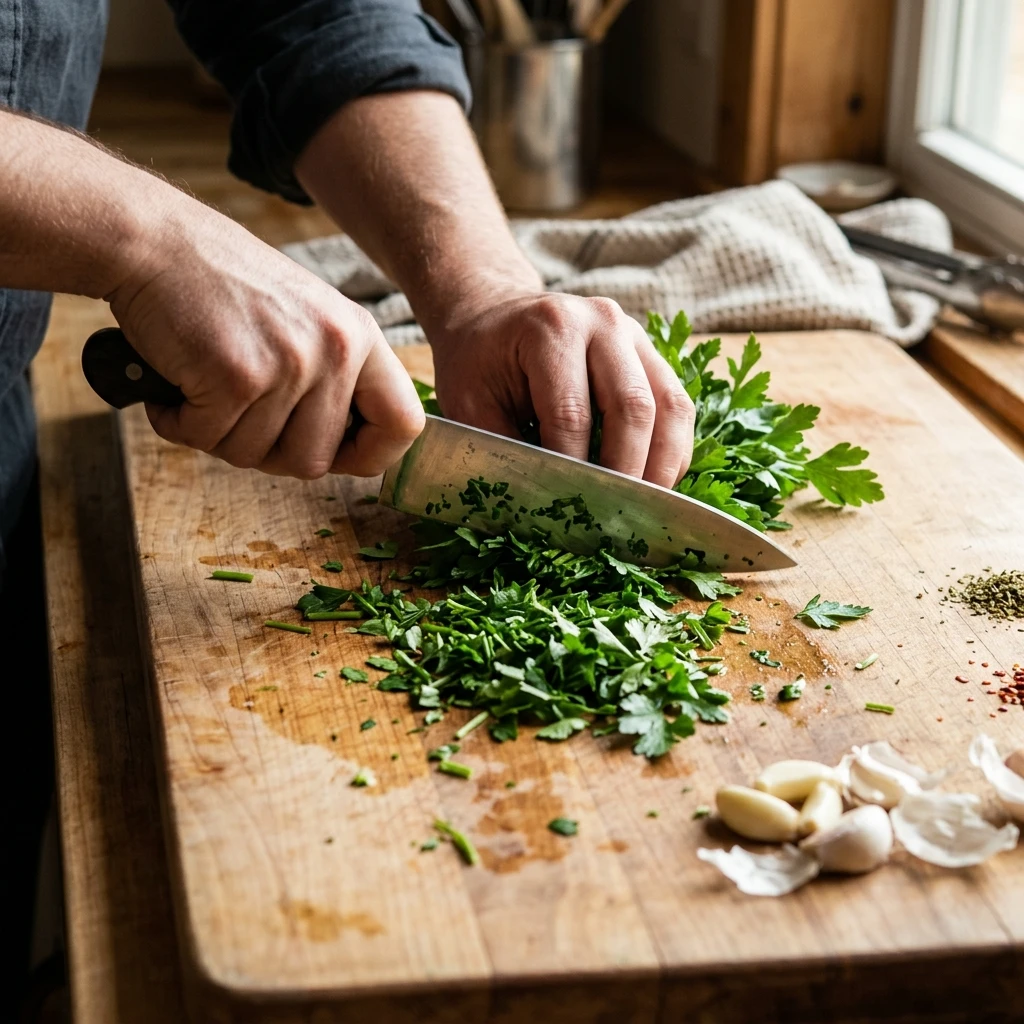 Hands chopping flat-leaf parsley with a chef's knife to make chimichurri sauce by hand without a blender

