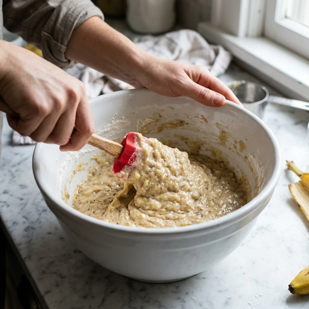 Hands folding thick moist banana muffin batter with a spatula in a white mixing bowl